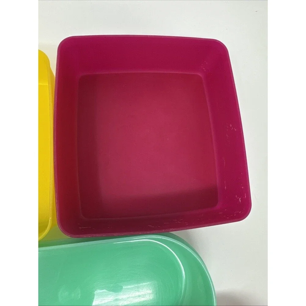 7x Vintage Tupperware Snack Set - 2 square away keeper 4 cups orange red yellow